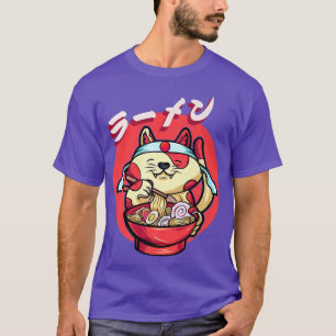 Camiseta Engraçado Gato Comendo Ramen Cega Gatinho Japonês