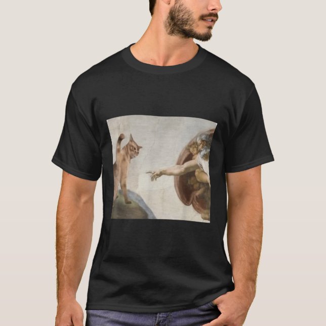 Camiseta Engraçado Gato Criação De Adão Meme Michelangelo J (Frente)