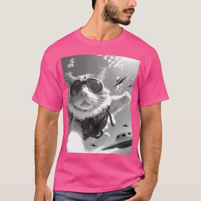 Camiseta Engraçado Gato De Skydiva Selfie Com Alienígena Uf (Frente)