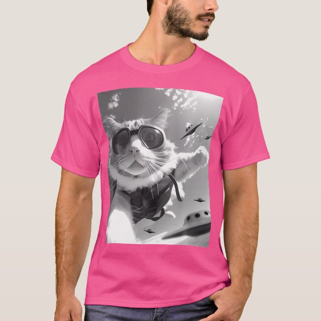 Camiseta Engraçado Gato De Skydiva Selfie Com Alienígena Uf (Frente)