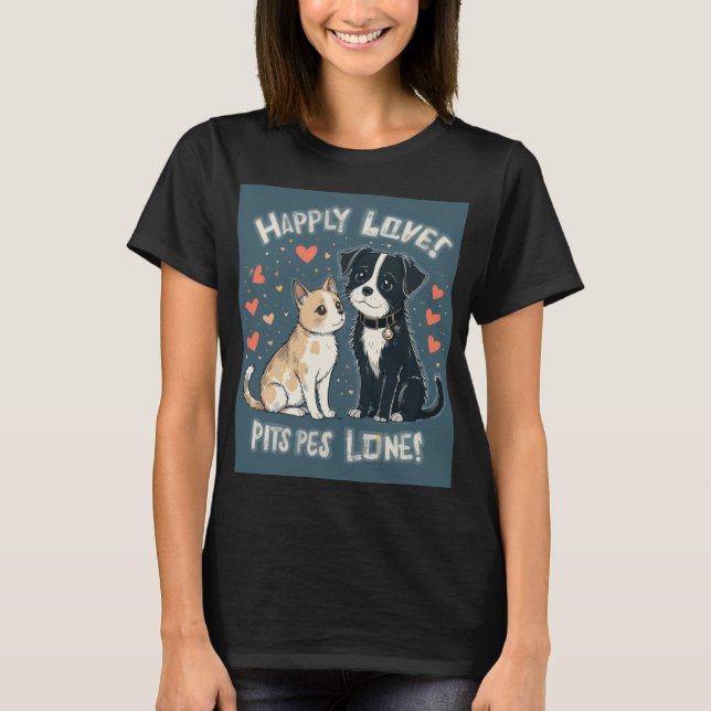 Camiseta Engraçado Gato e Cão Adoram Casal de Cartoons Boni (Frente)
