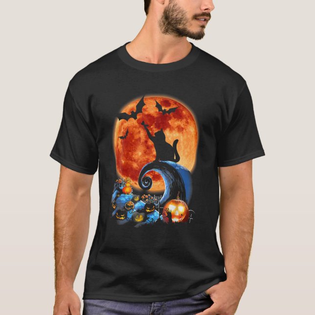 Camiseta Engraçado Gato E Lua Halloween Silhouume (Frente)