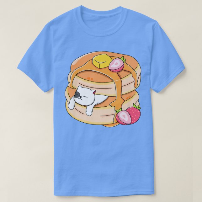 Camiseta Engraçado Gato Pancake Kawaii Strawberry Breakfast (Frente do Design)