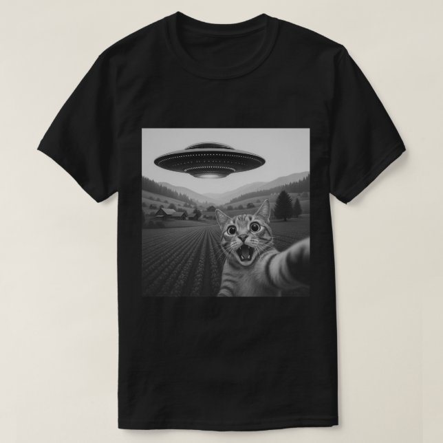 Camiseta Engraçado Gato Selfie com OVNI, Alienígena Espacia (Frente do Design)