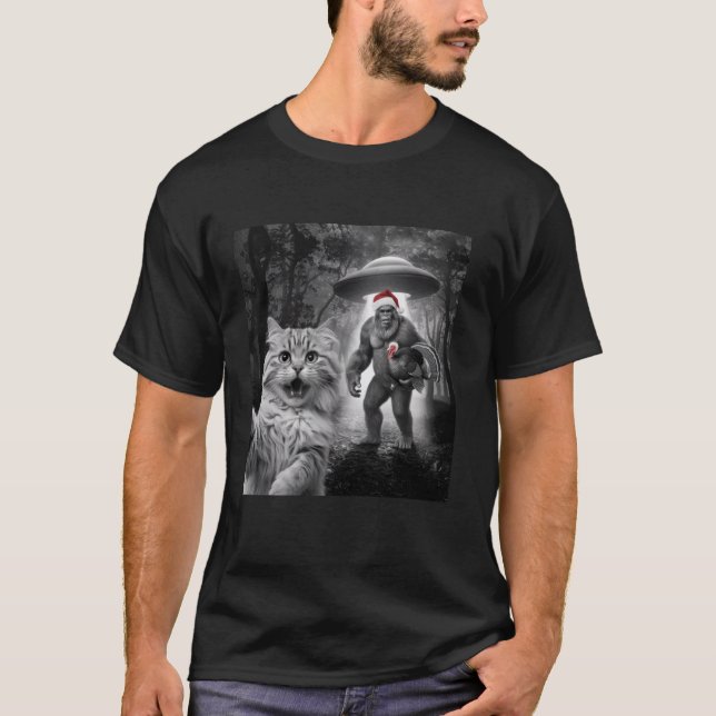Camiseta Engraçado Gato Selfie com Pé Grande OVNI Segura Tu (Frente)