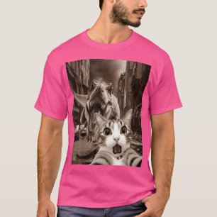 Camiseta Engraçado Gato Selfie Com T-Rex Tyrannosaurus Dino
