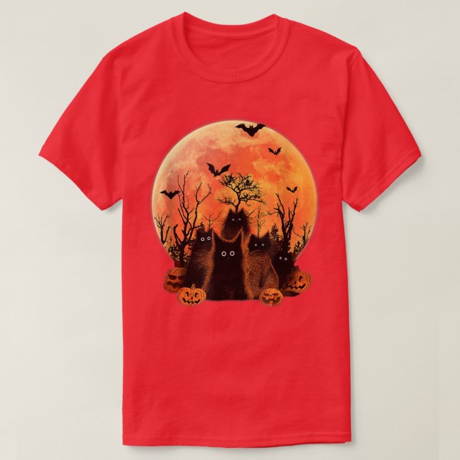 Camiseta Engraçado Gatos Pretos Engraçados Moon Pumpkin Bat (Frente do Design)