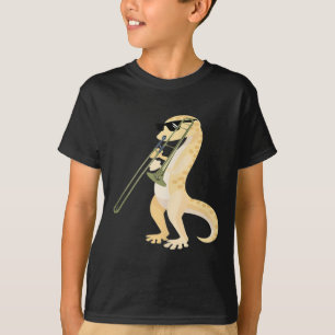 Camiseta Engraçado Gecko Vestindo Sungles Jogando Trombone 
