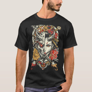 Camiseta Engraçado Geisha E Demônio Flores Japonesas Cherry
