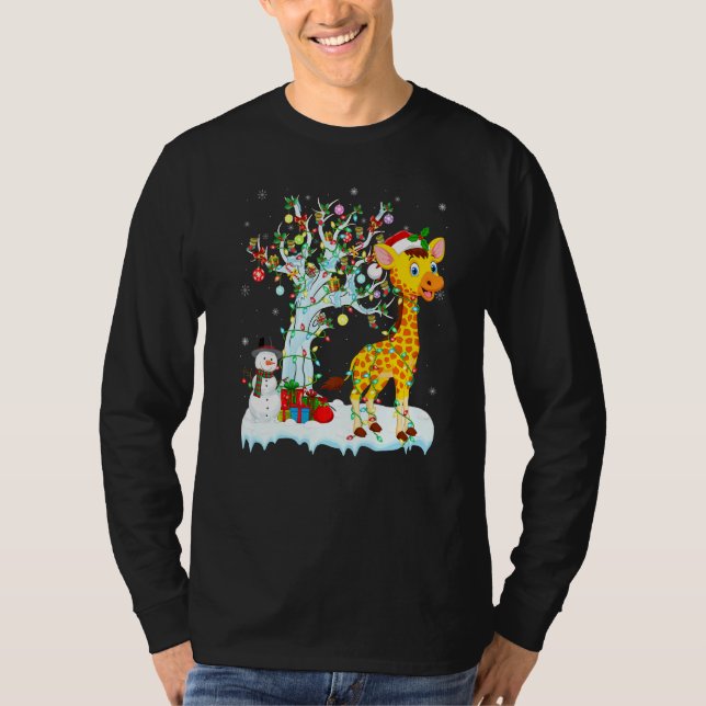 Camiseta Engraçado Girafa Xmas Tree Lighting Santa Hat Gira (Frente)