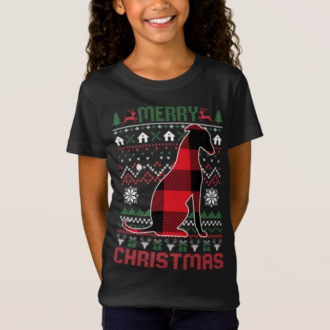 Camiseta Engraçado Greyhound Feio Natal Vermelho Luzes de F (Frente)