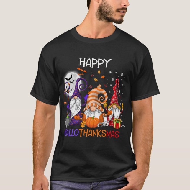 Camiseta Engraçado Hallothanksmas Gnomos Felizes Hallothank (Frente)