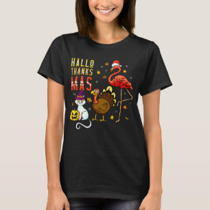 Camiseta Engraçado Hallothanksmas Halloween Cat Flamingo
