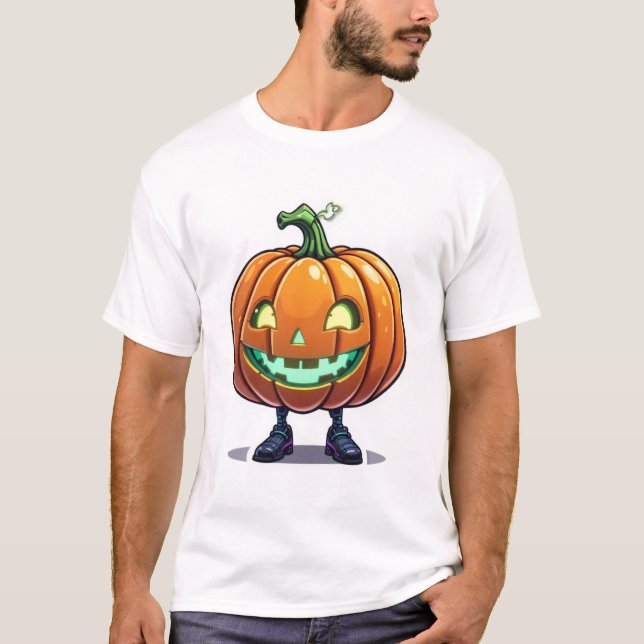 Camiseta Engraçado Halloween Jack-O-Lanterna com Pernas (Frente)