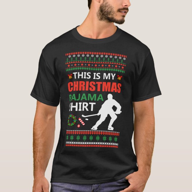 Camiseta Engraçado Hóquei no Gelo Natal Pajama Ugly X Mas S (Frente)