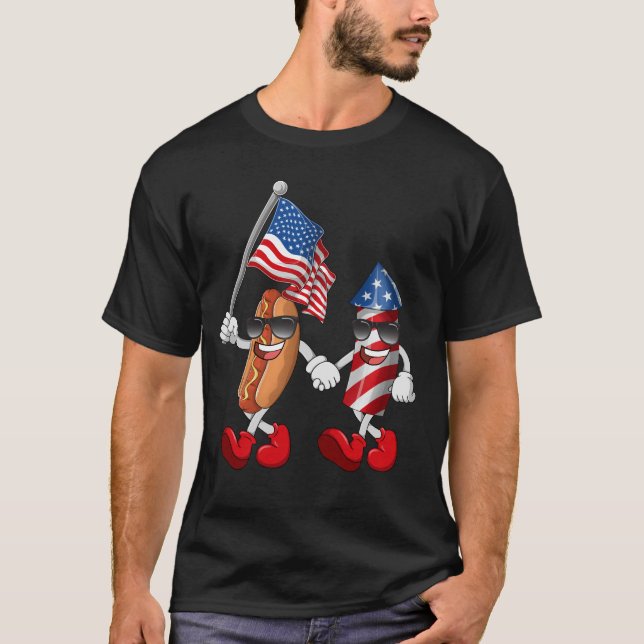 Camiseta Engraçado Hot Dog Firecracker 4 de julho Merica EU (Frente)