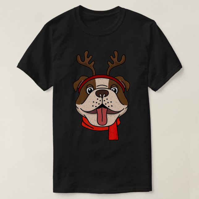 Camiseta Engraçado Inglês Buldogue Reindeer Antlers X (Frente do Design)