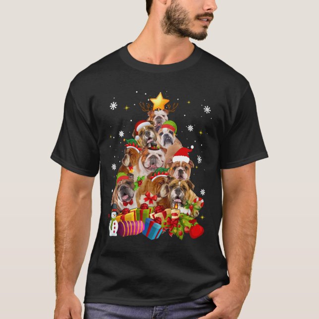 Camiseta Engraçado Inglês Bulldog Árvore de Natal Dotada Na (Frente)