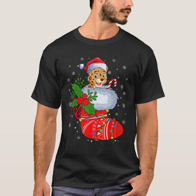 Camiseta Engraçado Jaguar Em Meias De Natal Luzes De Papai  (Frente)