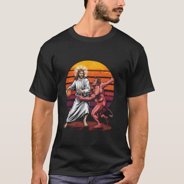 Camiseta Engraçado Jesus Basquete Atravessando O Diabo Chri (Frente)