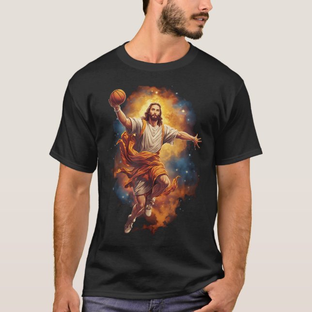 Camiseta Engraçado Jesus Jogando Basquete (Frente)