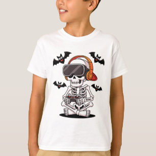 Camiseta Engraçado Jogador De Esqueleto Com O Fone De Ouvid