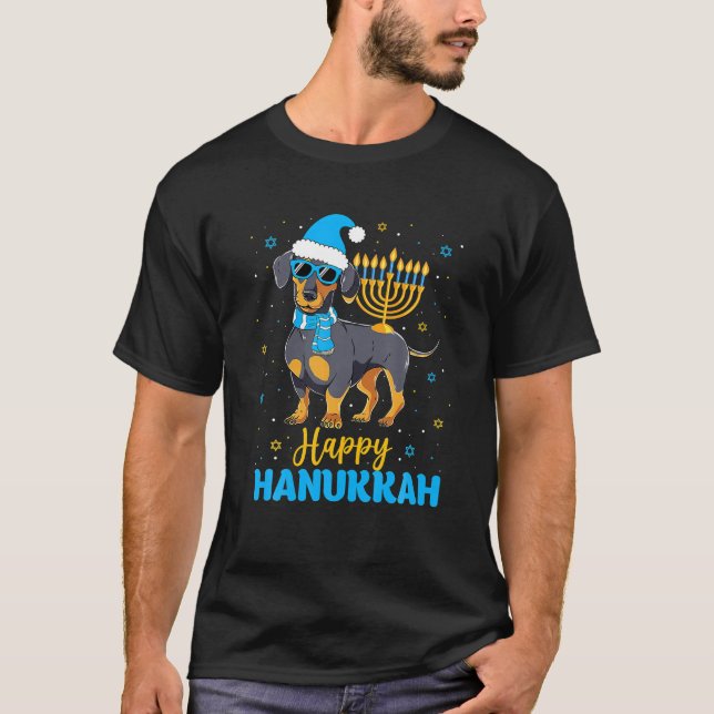 Camiseta Engraçado judeu Dachshund Menorah Happy Hanukkah (Frente)