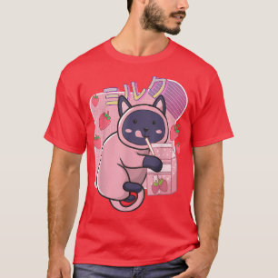 Camiseta Engraçado Kawaii Cat Strawberry Milk Agita Japonês
