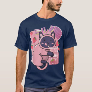 Camiseta Engraçado Kawaii Cat Strawberry Milk Agita Japonês