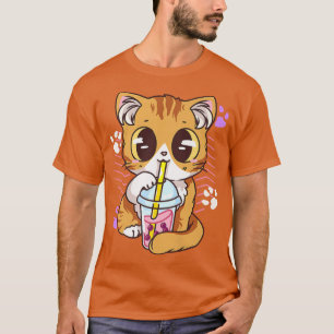 Camiseta Engraçado Kawaii Gato Bonito Boba Bubble milk Tea