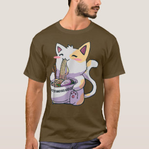 Camiseta Engraçado Kawaii Gato Comendo Ramen Anime Japonês