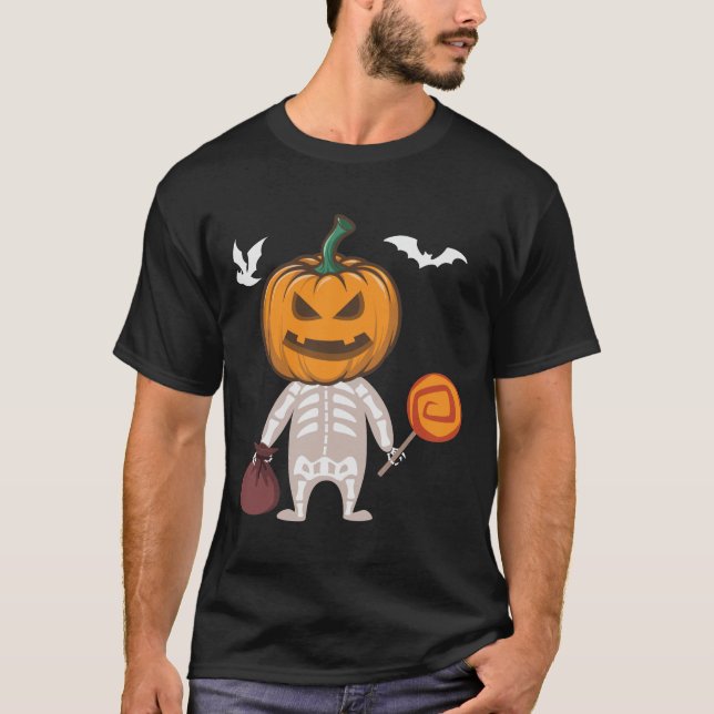 Camiseta Engraçado Kid Skeleton Pumpkin Cabeça (Frente)