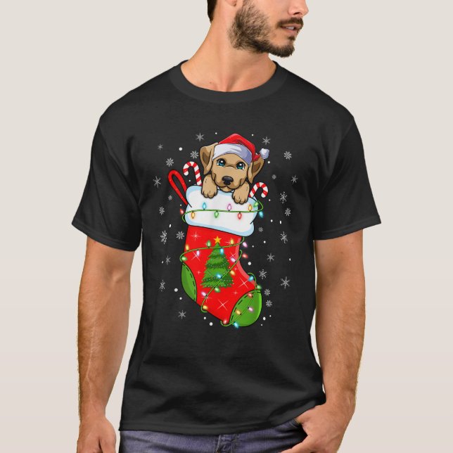 Camiseta Engraçado Labrador Retriever Dog Em Meias De Natal (Frente)