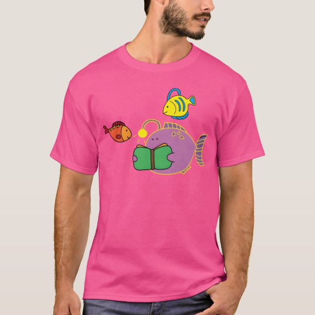 Camiseta Engraçado Lanternfish Lendo Livro Com Amigos (Frente)