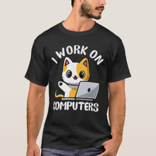 Camiseta Engraçado Laptop De Computador Gato Eu Trabalho Em