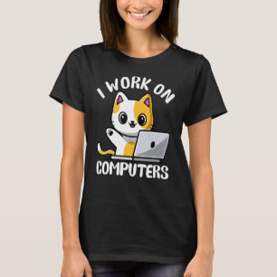 Camiseta Engraçado Laptop De Computador Gato Eu Trabalho Em