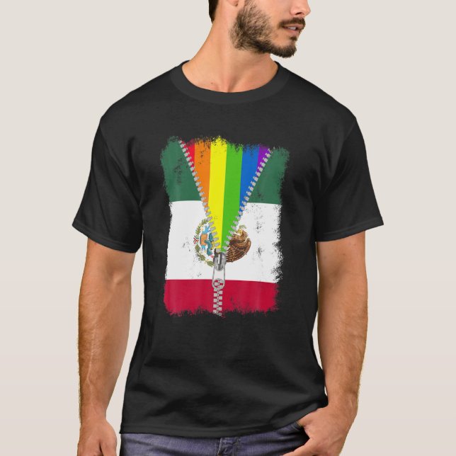 Camiseta Engraçado LGBT México Bandeira Zip Rainbow Gay Mex (Frente)