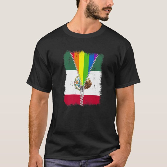 Camiseta Engraçado LGBT México Bandeira Zip Rainbow Gay Mex (Frente)