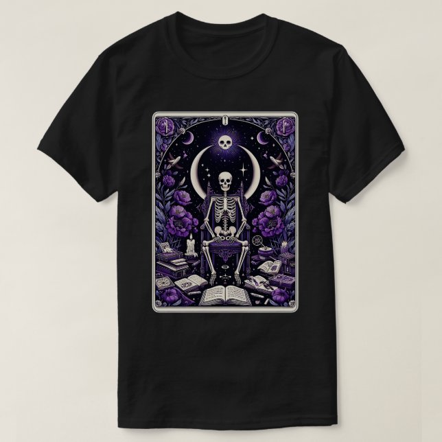 Camiseta Engraçado Livro Skeleton Lover Tarot do Leitor Eng (Frente do Design)