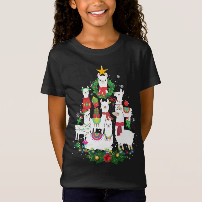 Camiseta Engraçado Llama Árvore de Natal Alpaca Xmas Lights (Frente)