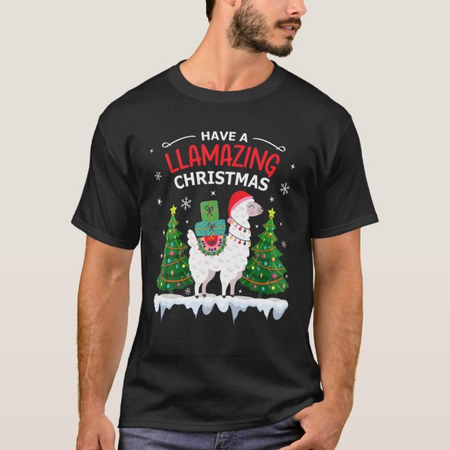 Camiseta Engraçado Llama Santa Hat Natal Pijamas Alpaca Lla (Frente)