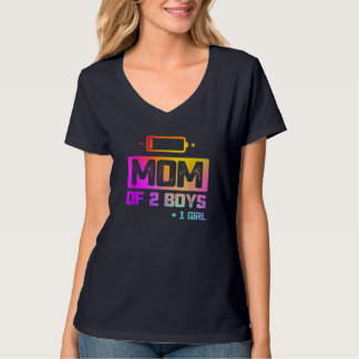 Camiseta Engraçado Mãe de 2 Meninos 1 Menina Bateria Baixa