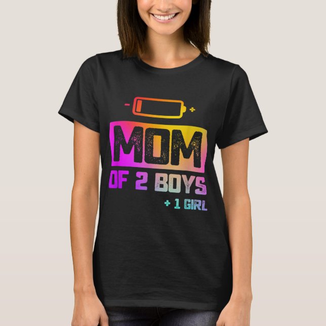 Camiseta Engraçado Mãe de 2 Meninos 1 Menina Bateria Baixa (Frente)
