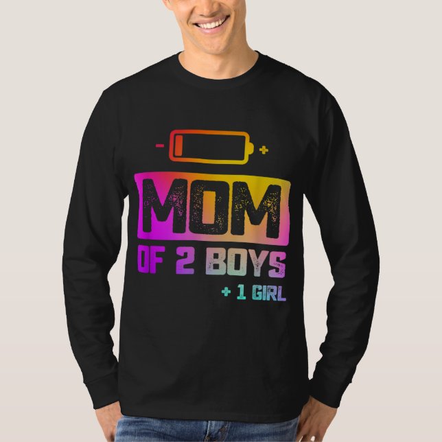 Camiseta Engraçado Mãe de 2 Meninos 1 Menina Bateria Baixa (Frente)
