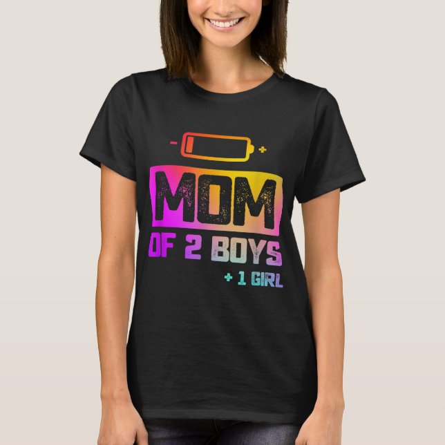 Camiseta Engraçado Mãe de 2 Meninos 1 Menina Bateria Baixa (Frente)