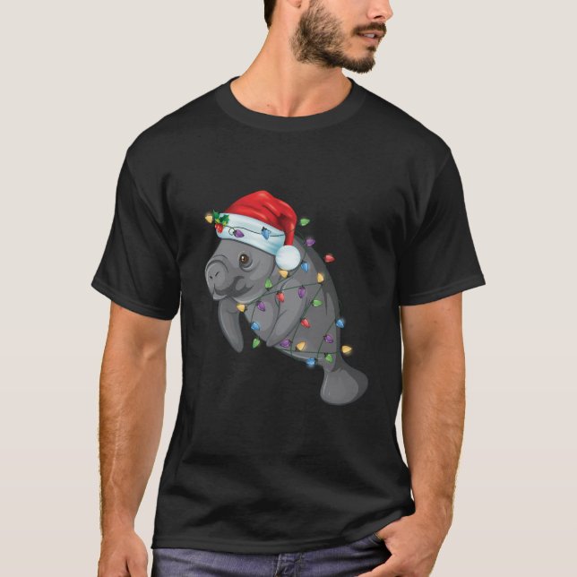 Camiseta Engraçado Manateado Em Santa Hat Manatee Pajam De  (Frente)