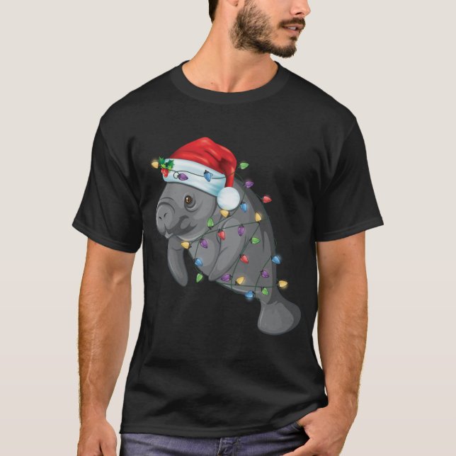Camiseta Engraçado Manateado Em Santa Hat Manatee Pajam De  (Frente)