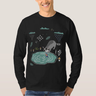 Camiseta Engraçado Mão Desenhada Raccoon Lavando um Calçado