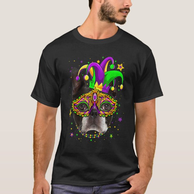 Camiseta Engraçado Mardi Gras Boston Terrier Dog Miçanga Ma (Frente)