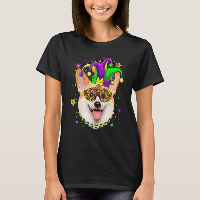 Camiseta Engraçado Mardi Gras Corgi Miçanga Máscara Mardi G (Frente)